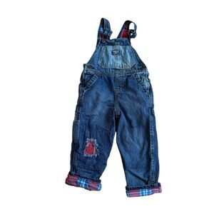 Oshkosh Blue Denim Jean Christmas Overall Plaid Check Cuff Lined Boys Size 3T
